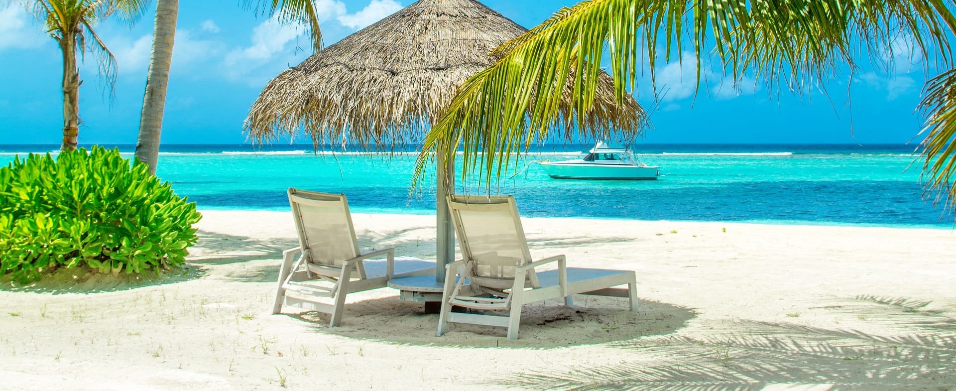 chaises longues sous parasol,plage de sable blanc